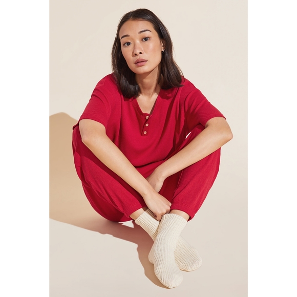 Eberjey Cozy Waffle Short Sleeve & Pant PJ Set Pyjamas Red Size Small - Picture 3 of 16